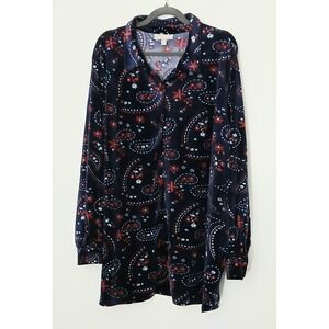 Woman Within Velvet Tunic Top 30/32 3X Button Up Navy Paisley Floral Soft Comfy